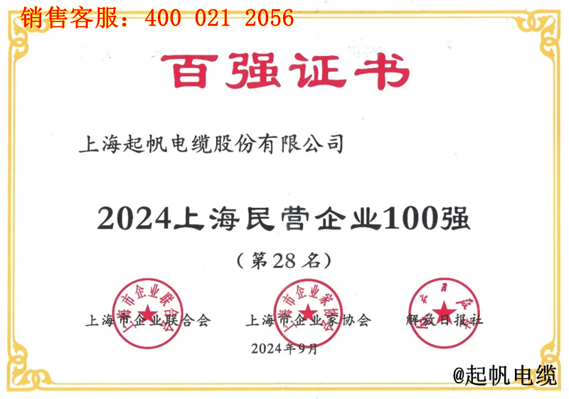 3.起帆電纜入圍2024年上海民營企業(yè)100強(qiáng)第28名