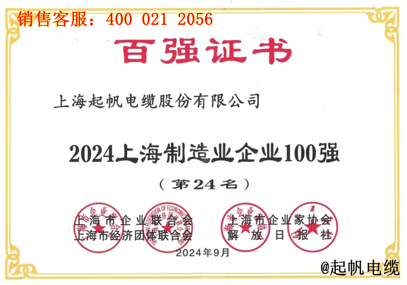 5.起帆電纜入圍2024年上海制造業(yè)企業(yè)100強(qiáng)第24名