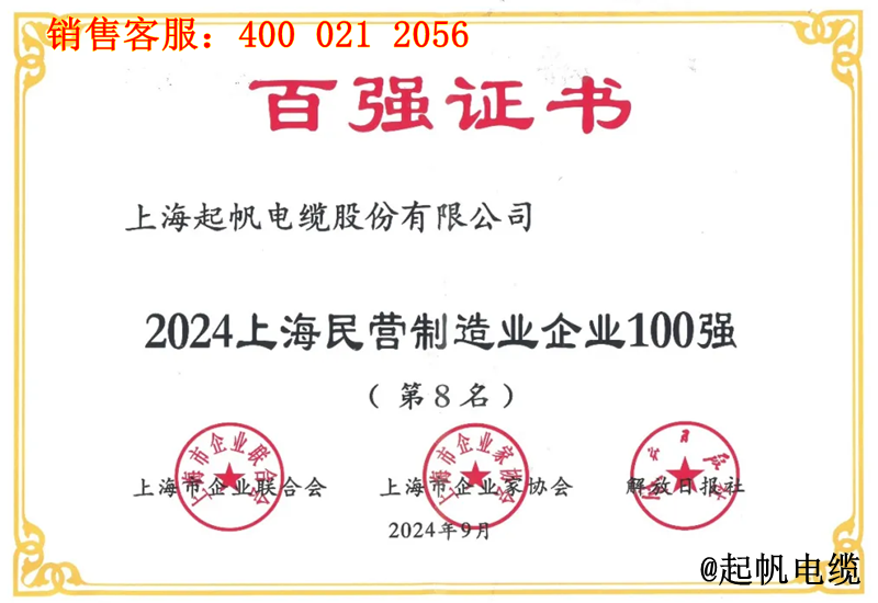 4.起帆電纜入圍2024年上海民營制造業(yè)企業(yè)100強(qiáng)第8名