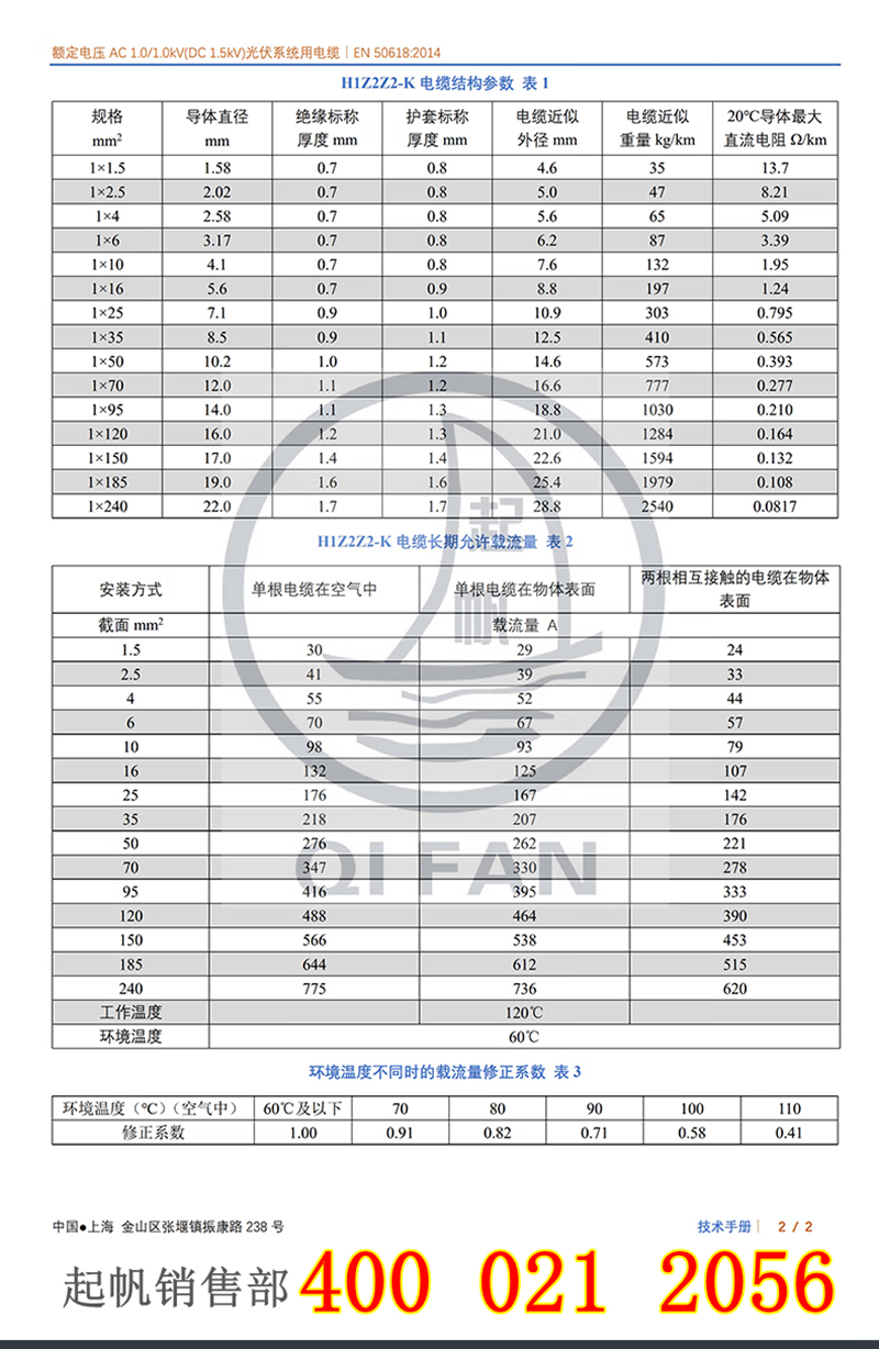 H1Z2Z2-K光伏電纜結(jié)構(gòu)參數(shù)